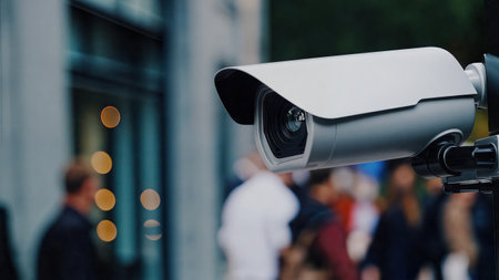 Outdoor Surveillance Camera Monitoring Busy Urban Street Blurred Pedestrians Public Safety Security...