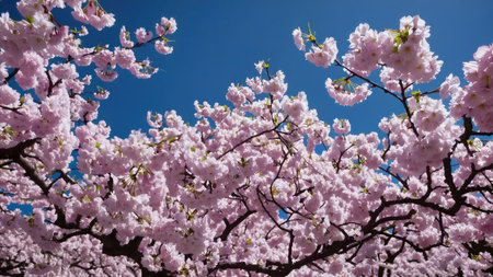 Vibrant Pink Cherry Blossoms Sakura Blooming Against Clear Blue Sky Springtime Beauty Nature Backgroundの写真素材