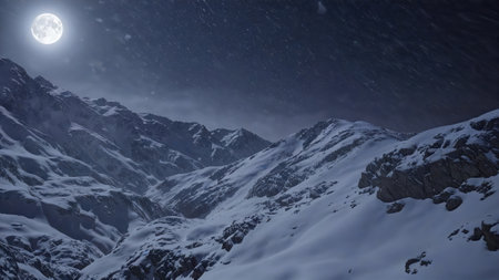 Intense Blizzard Rages On Snowy Mountain Face At Night Full Moon Visible Through Swirling Snow Powerful Extreme Weatherの写真素材