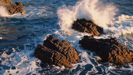 Ocean Waves Crashing Against Dark Coastal Rocks Sunny Day White Sea Foam Spray Power Nature Seaside Landscape Energyの写真素材