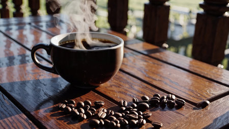 Steaming Hot Coffee Cup On Wooden Deck Morning Sunlight Scattered Beans Relaxation Peaceful Break Outdoor Lifestyle Beverageの写真素材
