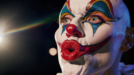 Bald Clown Close Up Eyes Closed Laughing Grimacing Colorful Makeup Red Nose Performance Emotion...