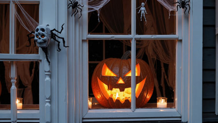 Glowing Halloween jackolantern with frightening face through window at night spooky pumpkin candle decoration insideの写真素材
