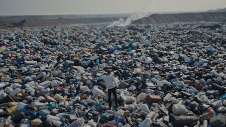Aerial view of waste dump with scattered garbage huge landfill environmental pollution problem with mixed plastic trashの写真素材