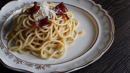 Homemade spaghetti carbonara with pancetta and cheese on ceramic plate, creamy Italian pasta with herbs and pepperの写真素材