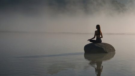 Peaceful silhouette meditating on floating platform in misty lake dawn serene yoga water gentle ripples mindfulnessの写真素材