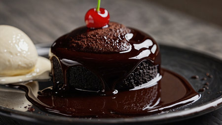 Chocolate lava cake with glossy ganache on dark plate, gourmet dessert molten center, decadent sweet and silky