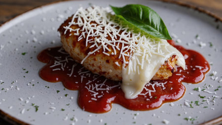 Baked fish fillet with tomato sauce and parmesan on ceramic plate, Mediterranean dish with herbs, gourmet garnishの写真素材