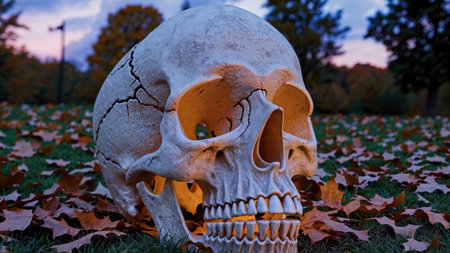 Giant Halloween skull glowing orange eyes on grass fallen leaves realistic spooky prop in garden haunting atmosphereの写真素材