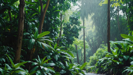 Clear stream flows through lush rainforest with tropical plants pristine waterway in vibrant jungle ecosystemの写真素材