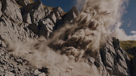 Dramatic volcanic explosion with debris cloud erupting from rocky crater event shows force of nature amid mountainsの写真素材