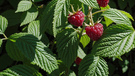Macro shot of raspberries detailed texture vibrant red color organic berry farming with ripe fruit...