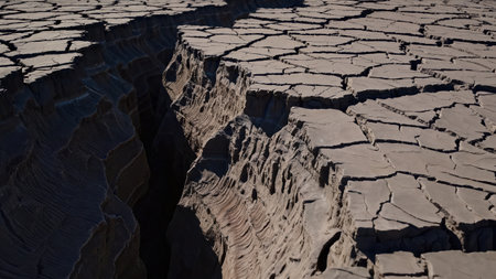 Deep fissure in dried cracked soil dramatic climate effect shows severe drought and environmental...