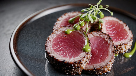 Seared rare tuna steak with sesame crust microgreens on plate seafood with pink center restaurant style appetizerの写真素材