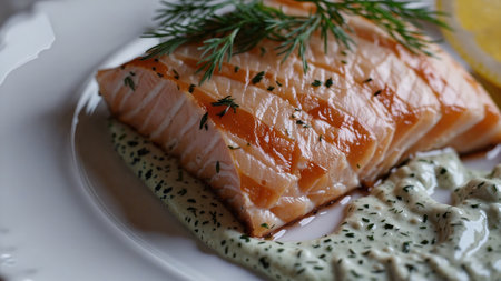 Pan seared salmon fillet with creamy herb sauce on plate gourmet seafood with crispy skin and protein green dressingの写真素材