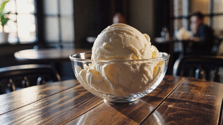 Vanilla ice cream scoop in elegant glass dessert bowl on wood table indulgent treat with smooth texture sweet delicacyの写真素材