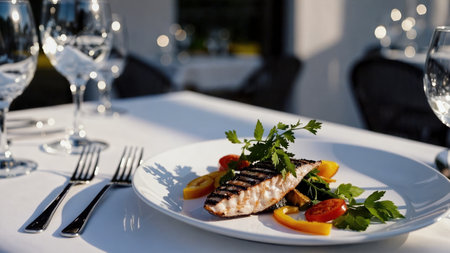 Cooked fish dish on white tablecloth Upscale outdoor scene Glasses set Represents gourmet food Healthy lifestyle celebrationの写真素材