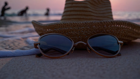 Straw hat on pink sand beach at sunset with waves summer accessory by ocean relaxing holiday scene...