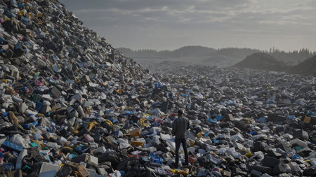 Aerial panorama urban landfill with mountains of mixed waste disaster showing huge garbage disposal...