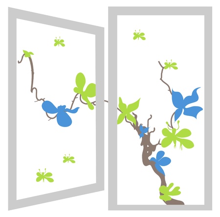 open window bush blue and green flowersのイラスト素材