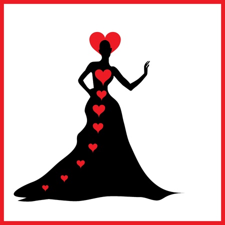 Elegant black silhouette of  beautiful woman with heartsのイラスト素材
