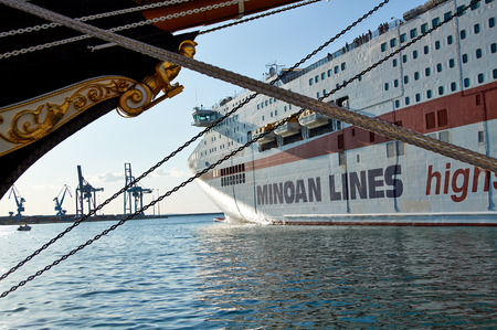 Sailboat with lowered the sail. The marine parts of the ship.のeditorial素材