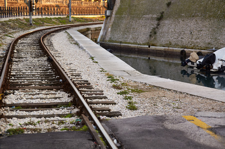 Railway for trains on freight terminal at duskの写真素材