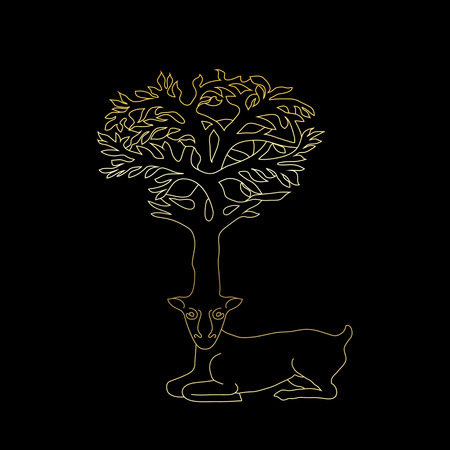 Stylized decorative image deer with horns in form of Celtic symbol tree, gold on blackのイラスト素材