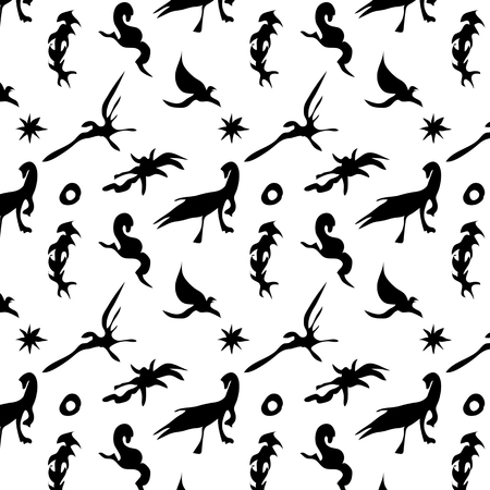 The black and white pattern with figures of dinosaurs and pterodactyles.のイラスト素材
