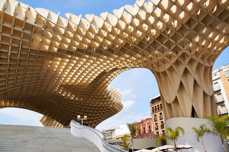 Historic buildings and monuments of Seville, Spain. Architectural details, stone facade and museums Europe. Setas de Sevilla. Plaza de la Encarnacionのeditorial素材