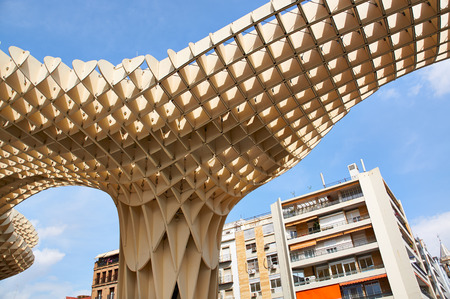 Historic buildings and monuments of Seville, Spain. Architectural details, stone facade and museums Europe. Setas de Sevilla. Plaza de la Encarnacionのeditorial素材