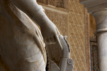 Historic buildings and monuments of Seville, Spain. Architectural details, stone facade and museums Europe. Spanish architectural styles of Gothic and Mudejar, Baroque. hands. Statue. Marble.のeditorial素材