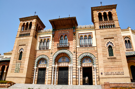 Historic buildings and monuments of Seville, Spain. Architectural details, stone facade and museums Europe. Spanish architectural styles of Gothic and Mudejar, Baroqueのeditorial素材