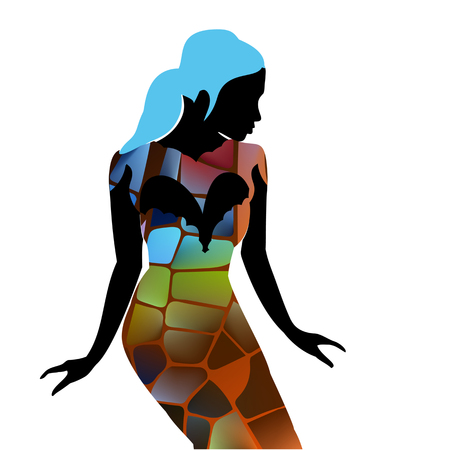 Young beautiful woman presents fashion style. Sexy girl model in dress designのイラスト素材