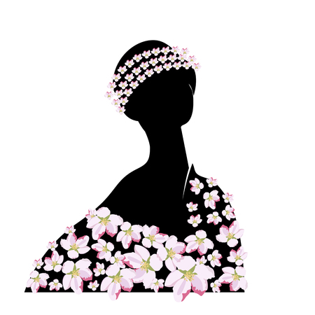 Young woman girl in dress with flower patterns. A wreath of flowers on the girl head.のイラスト素材