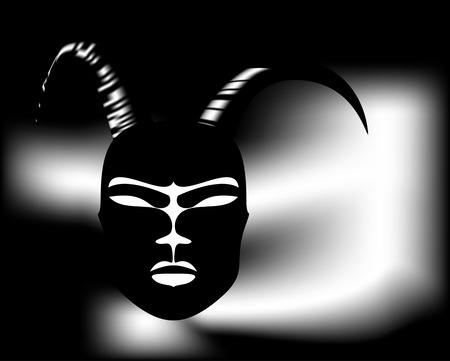 Horned mask ritual antique in African style. Black mask with Golden horns.のイラスト素材