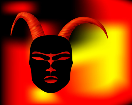 Horned mask ritual antique in African style. Black mask with Golden horns.のイラスト素材