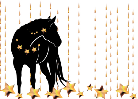 Black Arabian horse with Golden mane on Christmas night among sparkle stars. Festive cartoon horseのイラスト素材