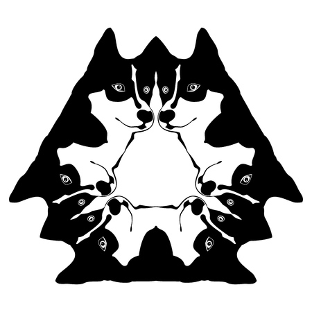Silhouette cartoonish big black and white dog. The dog Northern with blue eyes. sled dogsのイラスト素材