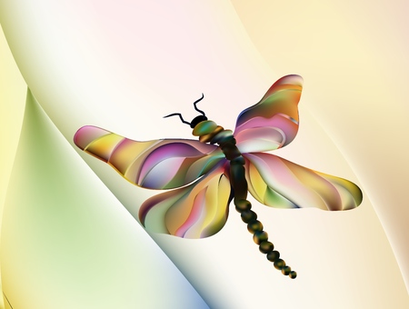 cartoon happy dragonfly red green and neon light. Dragonfly with open wings on colorful blurred background.のイラスト素材