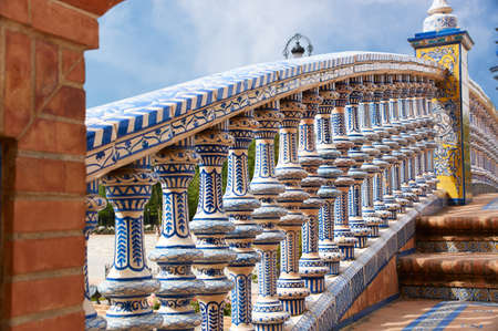 Historic buildings and monuments of Seville, Spain. Architectural details, stone facade and museums...