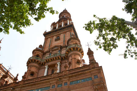 Historic buildings and monuments of Seville, Spain. Architectural details, stone facade and museums Europe. Spain squareのeditorial素材