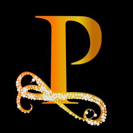 Capital Letters gold P of English alphabet romantic with pearls. Precious decorated white pearls with bright starsのイラスト素材