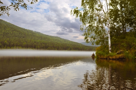 Summer landscape with birch trees and the riverの写真素材