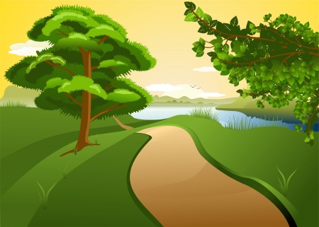 Evening Landscape with forest and riverのイラスト素材