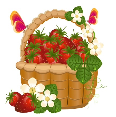 Wicker basket full of strawberries and flowersのイラスト素材