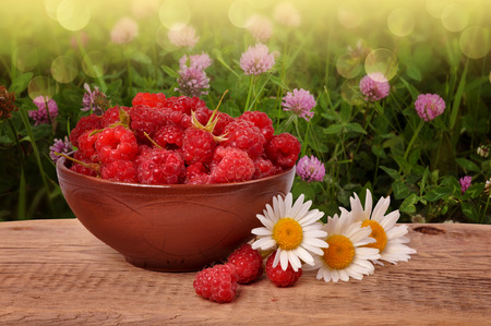 Ripe raspberries on a plate on a wooden table on a background of nature の写真素材
