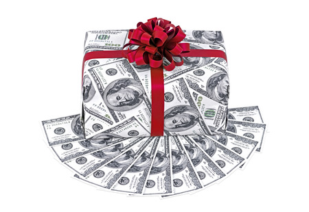 Money gift box with red ribbon and stack of dollars isolated on a white background