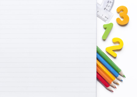 Blank notebook and various school suppliesの写真素材