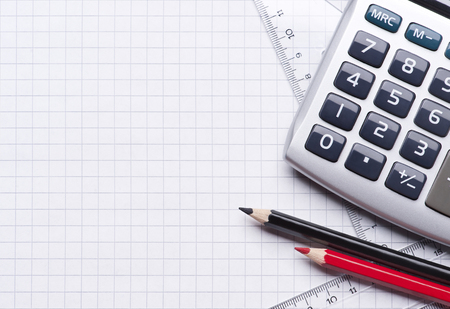 Close up of calculator, instrument of measurement and pencilsの写真素材